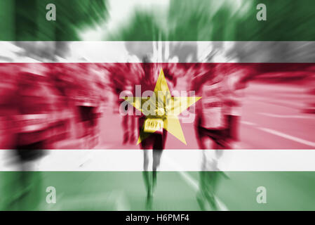 Marathon runner motion blur with blending  Suriname flag Stock Photo