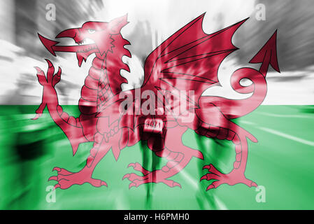 Marathon runner motion blur with blending  Wales flag Stock Photo