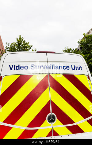 Video surveillance unit van security spying surveying vehicle back doors van sign name words vans vehicles GB UK England Stock Photo