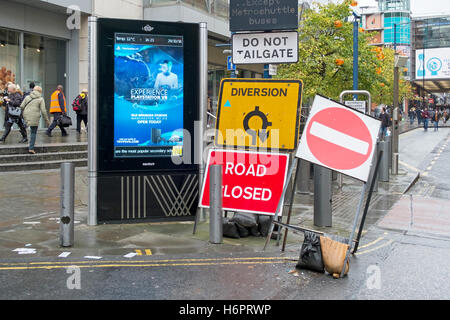 Roadworks signs in Manchester city centre, UK. Stock Photo