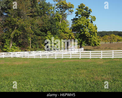 white fence by a field and a country lane in Pennsylvania Stock Photo