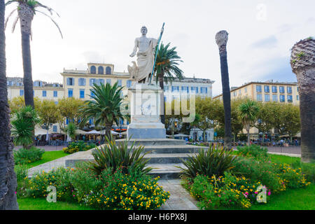 BASTIA, FRANCE - OCTOBER 15, 2014: A statue of Napoleon (as a Roman Emperor by the sculptor Bartolini) and st. Nicolas square, i Stock Photo