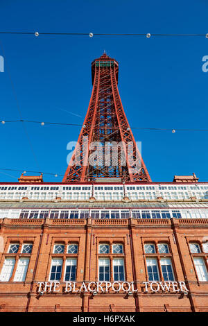 Blackpool tower structure landmark   Holiday sea side town resort Lancashire tourist attractions  tower copyspace blue sky detai Stock Photo