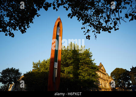 Nelson lancashire Public art Shuttle   12 meter sculpture Weaving Shuttle Nelson town centre cotton mill town Historic history i Stock Photo