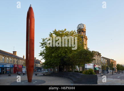 Nelson lancashire Public art Shuttle   12 meter sculpture Weaving Shuttle Nelson town centre cotton mill town Historic history i Stock Photo