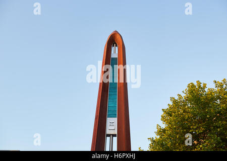 Nelson lancashire Public art Shuttle   12 meter sculpture Weaving Shuttle Nelson town centre cotton mill town Historic history i Stock Photo