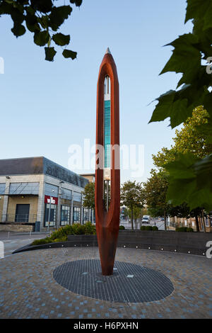 Nelson lancashire Public art Shuttle   12 meter sculpture Weaving Shuttle Nelson town centre cotton mill town Historic history i Stock Photo