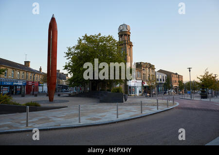 Nelson lancashire Public art Shuttle   12 meter sculpture Weaving Shuttle Nelson town centre cotton mill town Historic history i Stock Photo