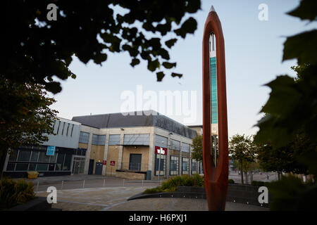 Nelson lancashire Public art Shuttle   12 meter sculpture Weaving Shuttle Nelson town centre cotton mill town Historic history i Stock Photo