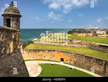 Sentry box looking across Castillo San Cristóbal, the largest fortification built by the Spanish in the New World, in Old San Ju Stock Photo