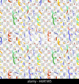 Exploding party popper with colorful serpentine and confetti, flat seamless pattern on transparent background Stock Vector