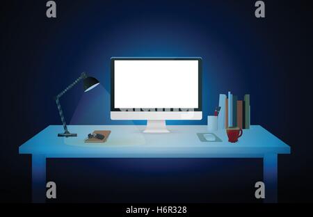 Computer blank screen on work desk in dark. Stock Vector