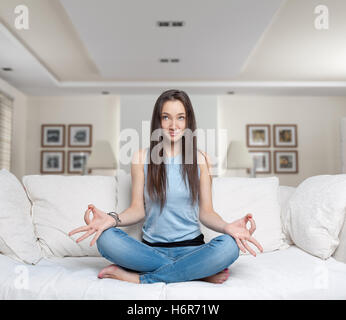 woman shine shines bright lucent light serene luminous beautiful beauteously nice brown brownish brunette portrait interior Stock Photo