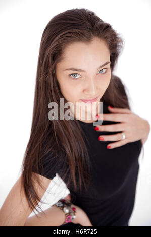 woman ring beautiful beauteously nice isolated brown brownish brunette portrait black swarthy jetblack deep black blank Stock Photo