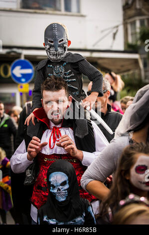 Zombies. Families and children gather for the annual Zombie Crawl in Newquay, Cornwall. Stock Photo