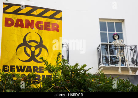 Windsor, UK. 31st October, 2016. A skeleton on the balcony of a house in Windsor decorated in preparation for this evening's Halloween festivities. Credit:  Mark Kerrison/Alamy Live News Stock Photo