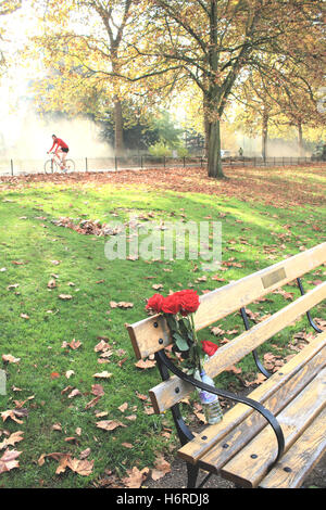 London, UK. 31st October, 2016. UK weather.  Londoners bask in Spring-like weather in Battersea Park in London, as dog walkers, wildfowl and cyclist take advantage of the unusually warm weather. Credit:  Brian Minkoff/Alamy Live News Stock Photo