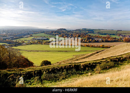 Battlesbury Hill, Warminster, Wiltshire, UK. 31st Oct 2016. A beautiful autumnal day looking across Warminster from Battlesbury Hill with a distant Cley Hill shrouded in mist. Credit:  Andrew Harker/Alamy Live News Stock Photo