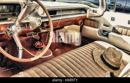 interior car automobile vehicle means of travel motor vehicle old-timer sun shade wheel steering-wheel steering wheel altes Stock Photo