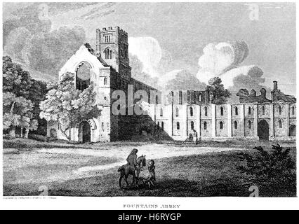 An engraving of Fountains Abbey, Yorkshire scanned at high resolution from a book printed in 1812. Believed copyright free. Stock Photo
