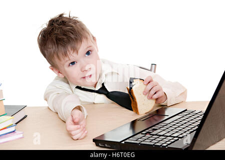 laptop notebook computers computer isolated pupil eye organ sandwich boy lad male youngster book child tie study humans human Stock Photo