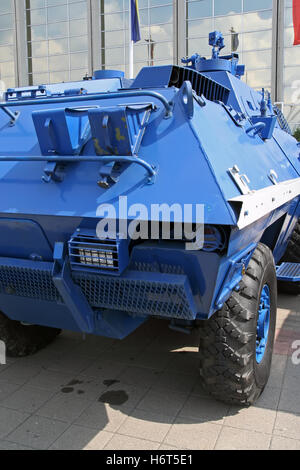 Armoured vehicle. Police blue color armoured vehicle. Stock Photo