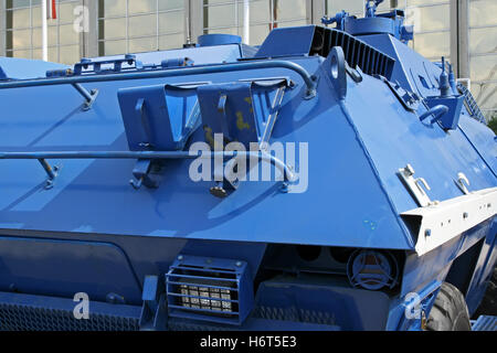 Armoured vehicle. Police blue color armoured vehicle. Stock Photo