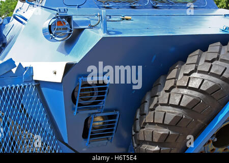 Armoured vehicle. Police blue color armoured vehicle. Stock Photo