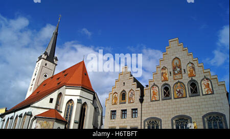 marienplatz in wasserburg am inn,bavaria,with frauenkirche and rathaus Stock Photo