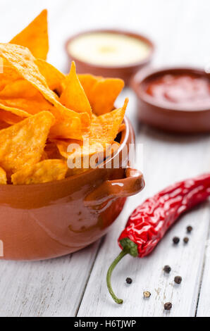 tortilla with two dips chips Stock Photo