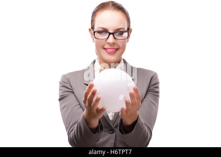 Woman holding crystall ball isolated on white Stock Photo