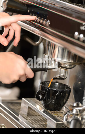 woman cafe restaurant cup house building hand hands female closeup machinery brown brownish brunette waitress blank european Stock Photo