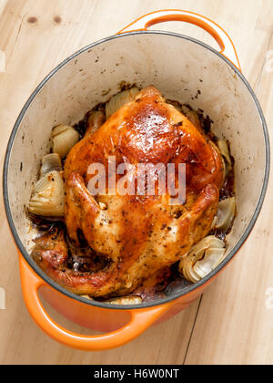 food aliment colour closeup skin golden vertical poultry flush cast chicken pot herb nobody baked color cooked roast meat white Stock Photo