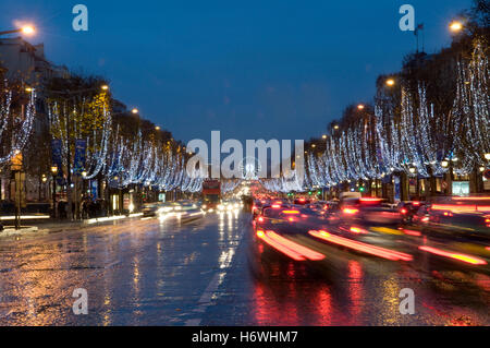 Christmas decoration on the Champs-Elysees at night, Paris, France, Europe Stock Photo