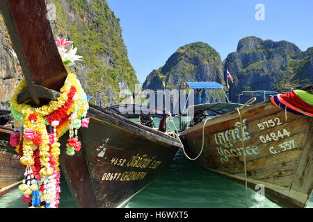 Long Tail Boats in Maya Bay Stock Photo