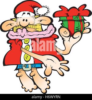 A silly Santa Claus holding a green gift box with a red bow Stock Vector