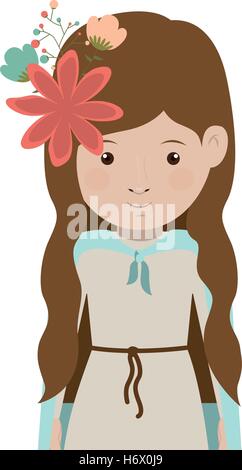 cartoon virgin mary woman smiling and decorative flowers in hair over white background. vector illustration Stock Vector