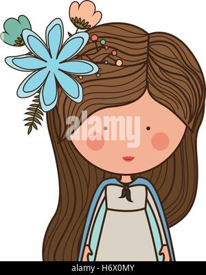 cartoon virgin mary woman smiling and decorative flowers in hair over white background. vector illustration Stock Vector