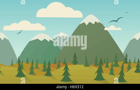 Horizontally seamless nature background. Mountains, hills, trees, meadow and birds. Stock Vector