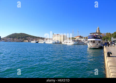 Large yachts moored in Split harbour, Croatia, Dalmatia, Dalmatian Coast, Europe. Stock Photo