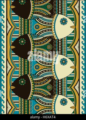 Lovely adult coloring page, cute fish with geometric patterns in an array, blue, beige and brown tone Stock Vector
