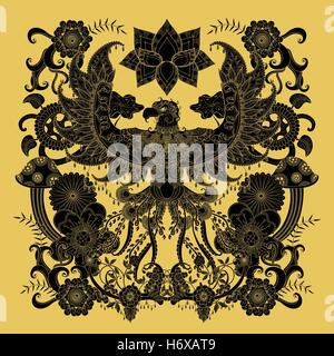 Majestic eagle adult coloring page, open wings eagle with floral elements decoration, golden and black tone Stock Vector