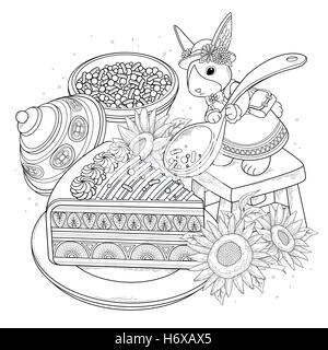 Pastries adult coloring page, delicious snacks page for coloring. Elegant rabbit adding sugar on the cake. Stock Vector