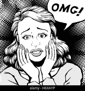 retro woman shocked with eyes opened wide and says OMG, comic book style speech bubble, pop art, black and white Stock Vector