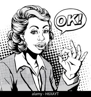 retro woman smiling with a gesture and says ok, comic book style speech bubble, pop art, black and white Stock Vector