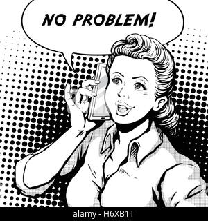retro woman smiling speaking on cell phone and says no problem, comic book style speech bubble, pop art, black and white Stock Vector