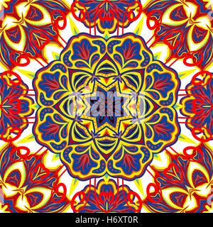 Seamless vector colorful pattern. East ornament with colorful details on the turquoise background. Tracery of mandalas for textile. Stock Vector