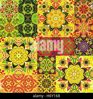 Seamless floral patchwork pattern. Vector checkered backgrounds set. Abstract textures with tile in east style Stock Vector