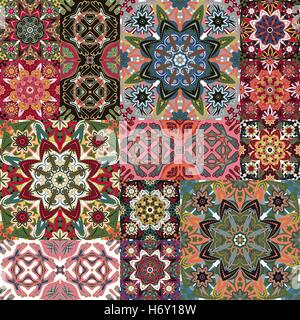 Islamic damask backgrounds colorful set, beautiful ornamentation, fashioned seamless patterns, vector wallpapers, floral wrapping papers, swatch fabrics for decoration and design Stock Vector