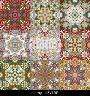 Islamic damask backgrounds colorful set, beautiful ornamentation, fashioned seamless patterns, vector wallpapers, floral wrapping papers, swatch fabrics for decoration and design Stock Vector